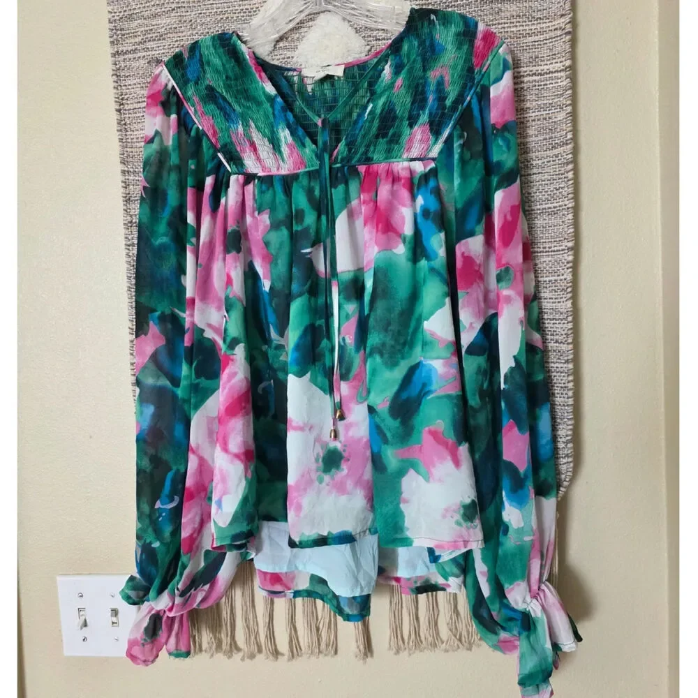 Entro Women's Floral Peasant Blouse Size S Green Pink Smocked Balloon Sleeve